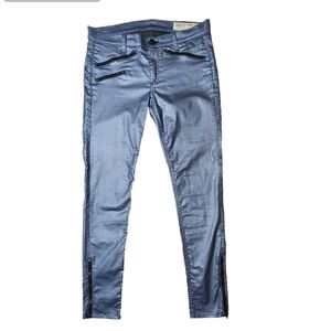 Rag and Bone Intermix Skinny Moto Metallic Coated Rocker Jeans 29 steel Blue